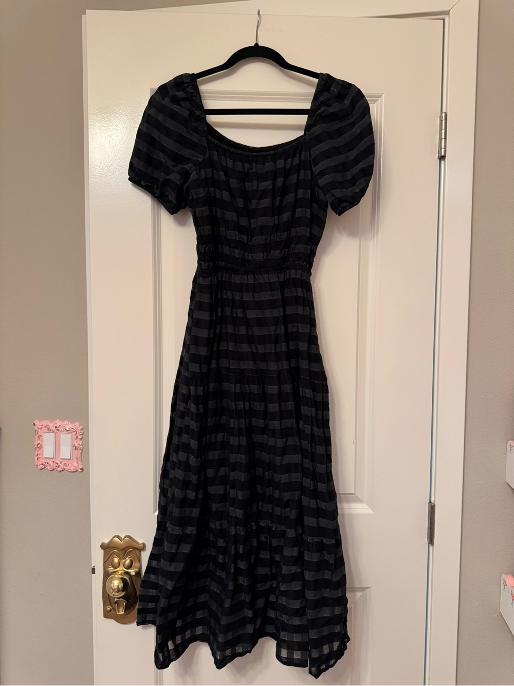 Anthropologie Black Striped Puff-Sleeve Midi Dress